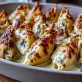 Freshly baked Pumpkin & Gouda Stuffed Shells topped with crispy sage leaves and a rich Alfredo drizzle.