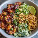 Vibrant Asian noodle bowl with grilled shrimp, crisp vegetables, creamy avocado, and roasted peanuts for a satisfying meal.