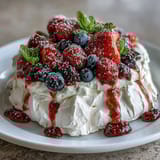 A golden pavlova crowned with vibrant fresh berries and swirls of vanilla whipped cream for a stunning dessert centerpiece.