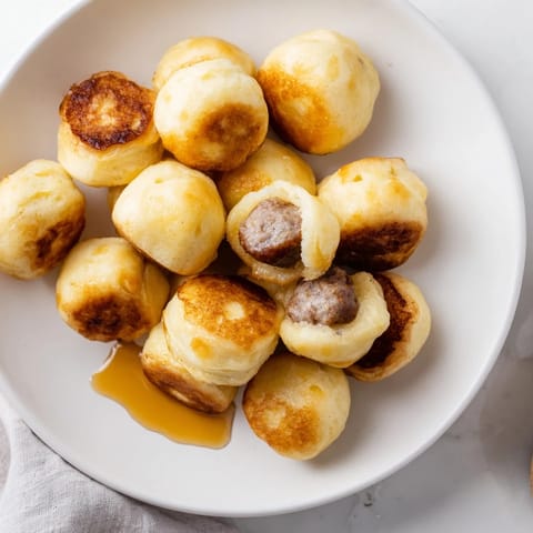 Warm, fluffy pancake bites, filled with savory sausage, ready to be dipped into a pool of syrup.