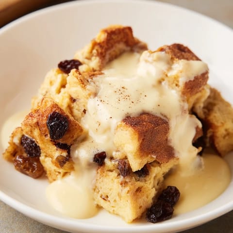 A close-up image of the bread pudding, showing fluffy texture dotted with plump raisins.