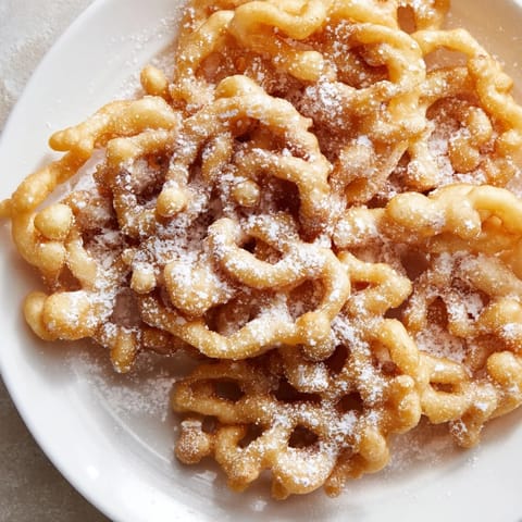 Golden, crispy funnel cakes, dusted with powdered sugar, ready for a delicious bite on a plate.