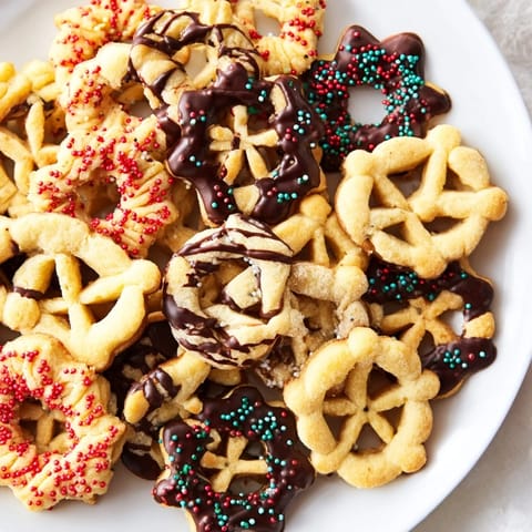 Festive Spritz Cookies: Buttery, golden cookies pressed into cheerful shapes, ready to eat.