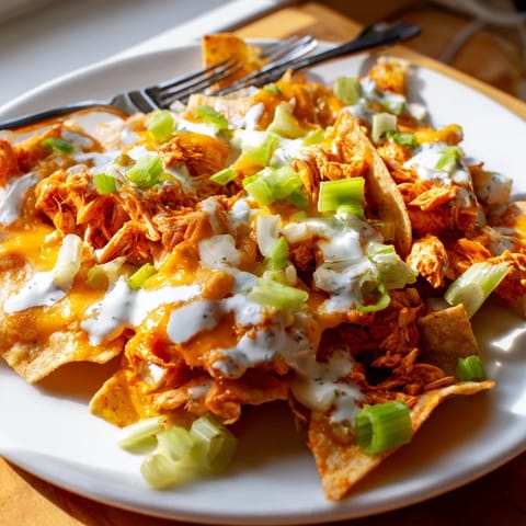 Hot Buffalo Chicken Nachos emerge from the oven with melted cheddar and Monterey Jack, topped with fresh green onions and diced celery.