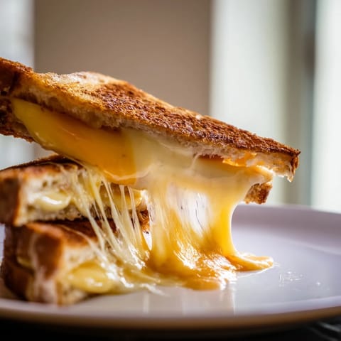 A close-up of a Triple Cheese Sourdough Grilled Cheese sandwich, golden and crispy, with melted cheddar and mozzarella dripping from the sides.