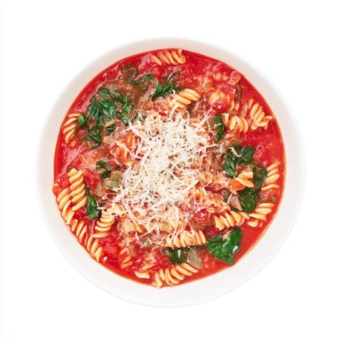 A vibrant one-pot rotini with juicy tomatoes, fresh spinach, and savory broth, ready to serve.  