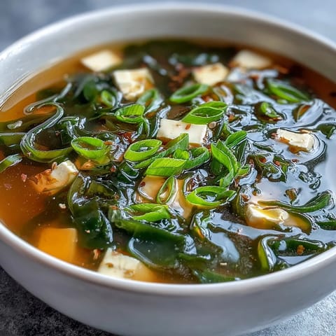 Steaming bowl of wakame soup with silken tofu cubes and fresh scallions in a savory dashi broth.  
