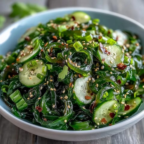 Vibrant Seaweed Salad with crisp cucumber and zesty sesame-ginger dressing, easy appetizer.