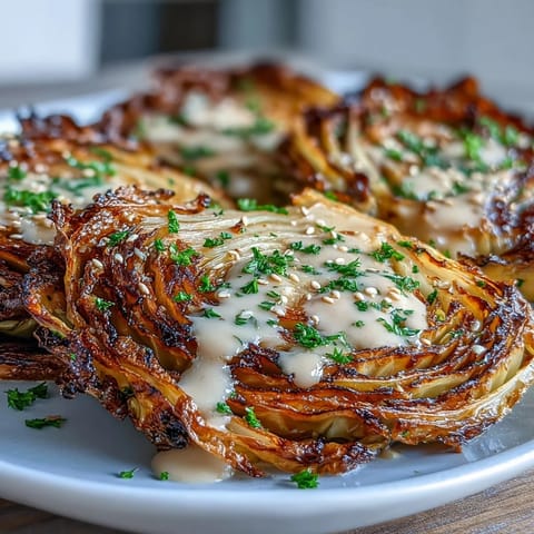 Golden roasted cabbage steaks topped with creamy tahini drizzle, ready to serve.
