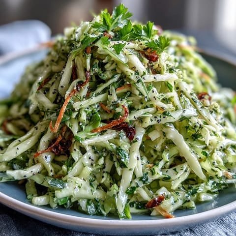 A close-up of vibrant Green Cabbage and Apple Slaw, featuring crisp shredded cabbage and tart apple ribbons glistening with a light, tangy dressing.  