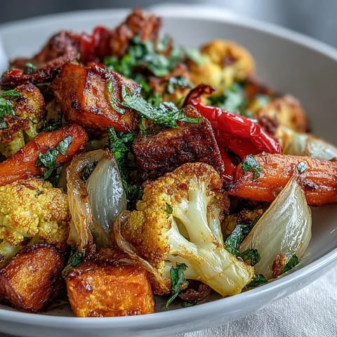 Golden turmeric roasted vegetables including cauliflower, broccoli, sweet potato, and red onion on a baking sheet.  