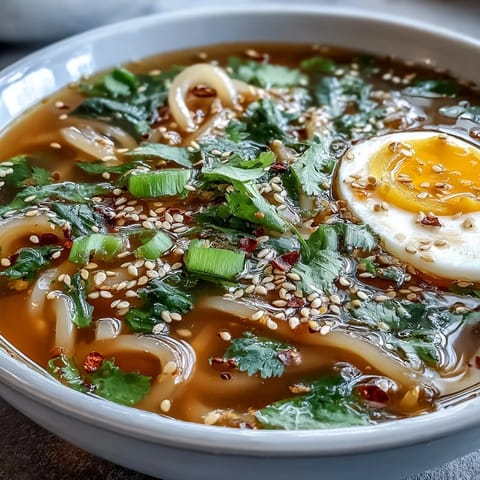 Shirataki Noodles With Broth simmered in a rich bone broth with ginger and garlic.