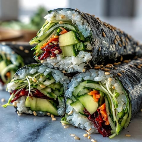 Homemade nori rolls packed with crunchy carrots, bell pepper, and avocado, sliced into bite-sized pieces on a wooden board.