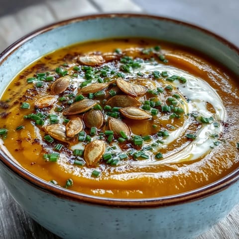 A bowl of velvety Pumpkin Soup garnished with toasted pumpkin seeds and a swirl of cream.