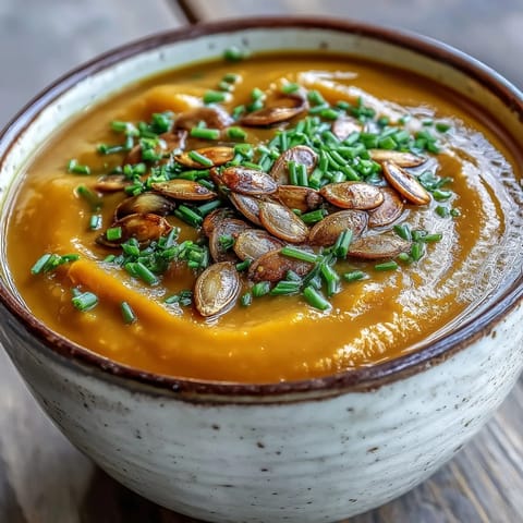 Creamy Acorn Squash Soup in a rustic bowl, topped with toasted pumpkin seeds, chives, and a drizzle of cream, served beside crusty bread.