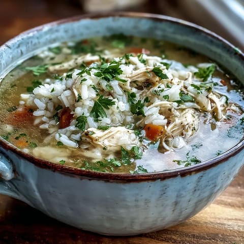 Steam rises from a bowl of Cozy Winter Chicken and Rice Soup, served with a lemon wedge and crusty bread.