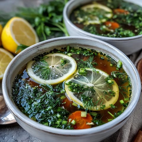 Steaming pot of Lemon Herb Soup showing chopped carrots, celery, and vibrant green herbs in a rich broth.