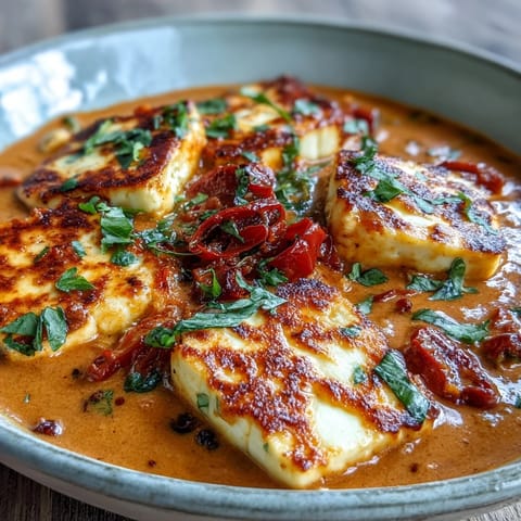 A close-up of rich halloumi curry with vibrant tomato sauce and a swirl of coconut milk, topped with chopped cilantro.