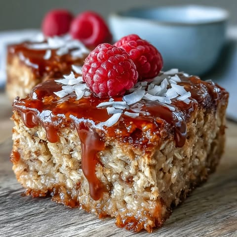Slices of warm Baked Oatmeal with Raspberry and Coconut served in a rustic bowl, drizzled with maple syrup for breakfast.