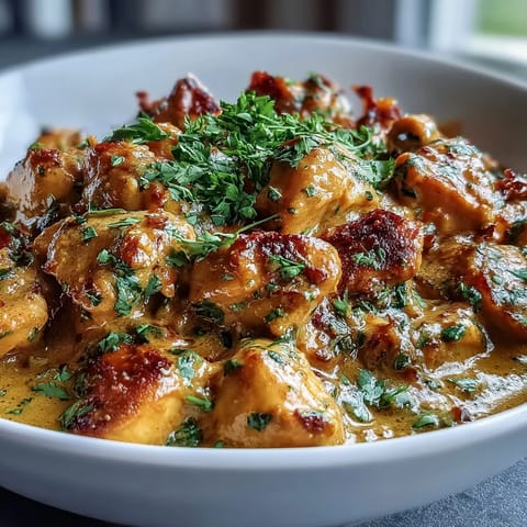 Easy Chicken Curry served over fluffy basmati rice, topped with fresh cilantro in a white bowl.