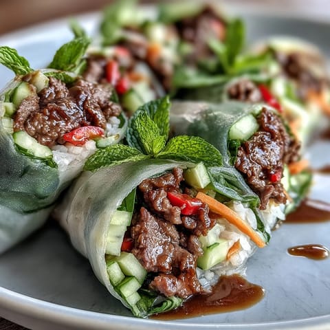 Freshly rolled Thai Basil Beef Rolls filled with savory beef, crisp veggies, and herbs served with spicy dipping sauce.