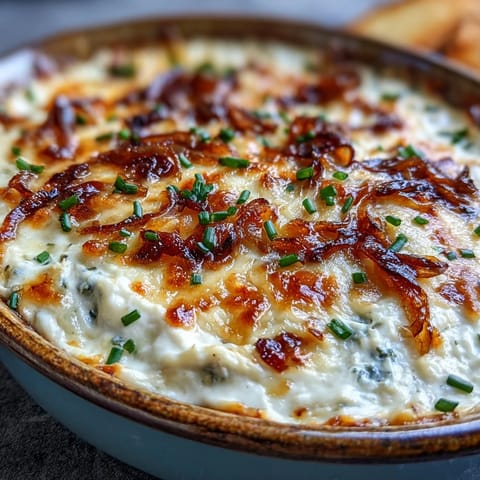Creamy Smoked Gouda & Onion Dip served warm in a dish with colorful tortilla chips nearby.