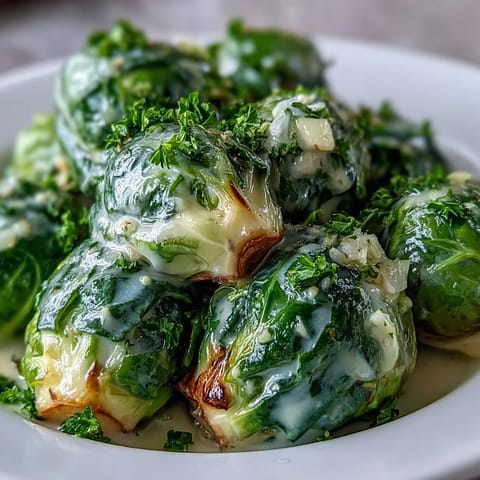 Freshly blanched Brussels sprouts coated in a creamy cream cheese and Dijon mustard sauce, garnished with parsley.