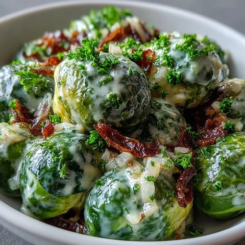 Tender Brussels sprouts in a rich cream cheese-mustard sauce, ready to serve alongside a savory dinner main course.