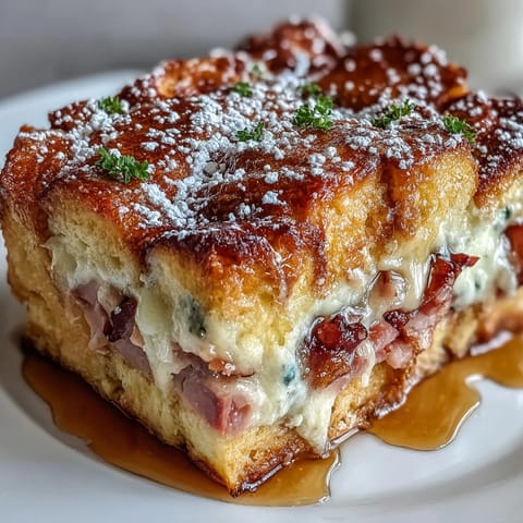 Monte Cristo Breakfast Casserole baked golden brown, topped with powdered sugar and drizzled with maple syrup.