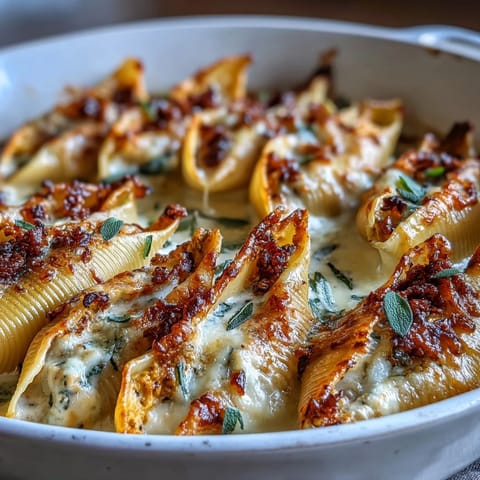 Golden, bubbly Pumpkin & Gouda Stuffed Shells in a creamy brown butter sage Alfredo sauce, served ready to eat.
