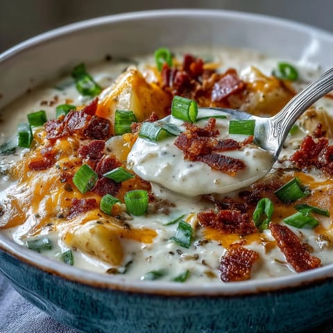 Creamy Loaded Potato Soup topped with crumbled bacon, melted cheddar, and fresh green onions in a rustic bowl.
