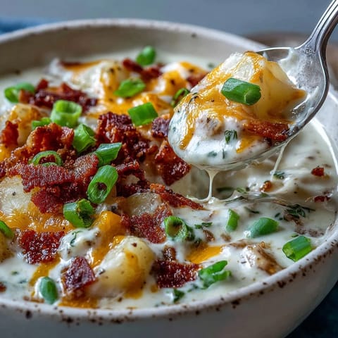 Hot Loaded Potato Soup with crispy bacon and shredded cheddar, served alongside crusty bread for dipping.