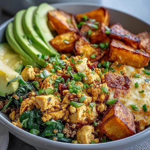 Colorful bowl of Tofu Scramble Vegan Breakfast Bowl with roasted sweet potatoes, fluffy quinoa, and creamy avocado slices.