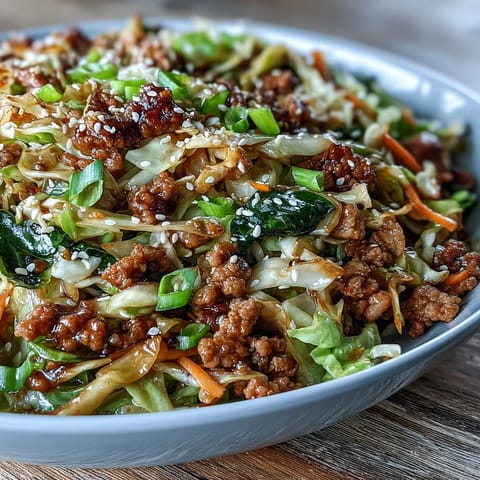 Egg Roll in a Bowl recipe featuring savory ground pork and crisp cabbage slaw, served in a skillet with sesame seeds and green onions.