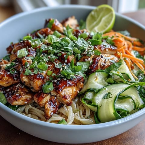 A colorful Asian Chicken Noodle Bowl with tender chicken, fresh vegetables, and a savory-sweet sauce in a vibrant bowl.  