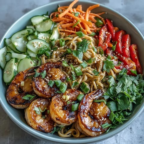 A vibrant 15-minute Asian noodle bowl with grilled shrimp, sesame noodles, and fresh vegetables tossed in zesty dressing.