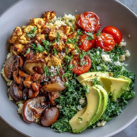 Wholesome scrambled tofu breakfast bowl with garlicky mushrooms, sautéed kale, and fluffy whole wheat couscous for a nourishing start.
