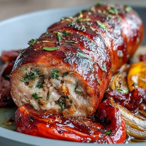 Sheet Pan Sausage and Peppers: colorful roasted sausages and bell peppers with onions, seasoned with herbs for a hearty dinner.