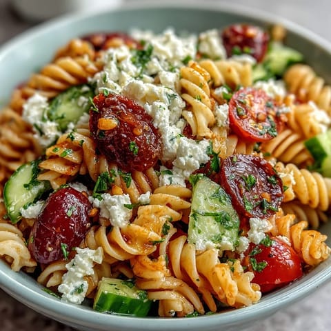 A vibrant pasta salad with crisp cucumbers, juicy cherry tomatoes, and a tangy lemon vinaigrette dressing.