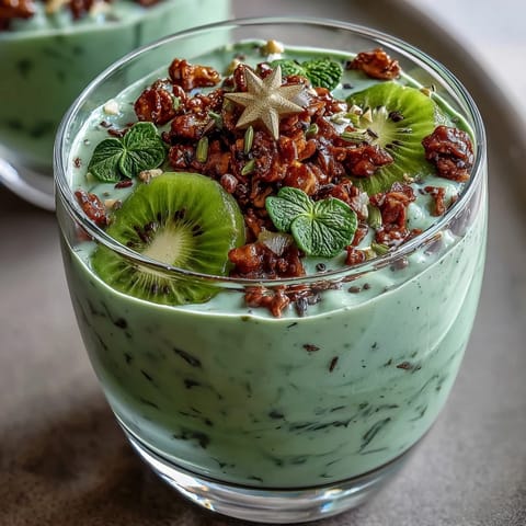 A vibrant green shamrock smoothie bowl topped with kiwi slices and granola for a festive St. Patrick's Day breakfast.