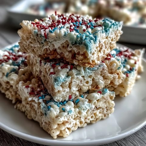 Festive red, white, and blue Rice Krispies treats stacked in patriotic layers, perfect for 4th of July parties.  