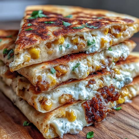 Cinco de Mayo Street Corn Quesadillas with Chipotle Crema, roasted corn and melty cheese in golden tortillas, served with smoky crema.