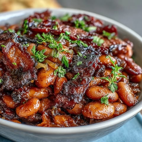 1. A hearty casserole dish of Summer BBQ Baked Beans with Brown Sugar and Bacon, bubbling with smoky-sweet sauce and crispy bacon bits.