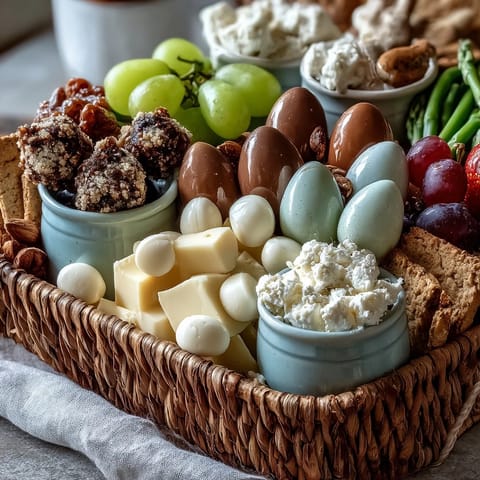 A vibrant mini Easter basket charcuterie board filled with cheeses, meats, fruits, and pastel sweets arranged in festive, spring-inspired baskets.