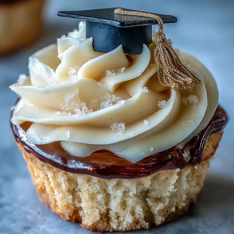Festive graduation cupcakes topped with sweet buttercream frosting and black gold caps.