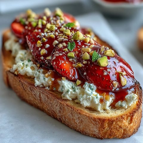 Vibrant strawberry honey ricotta toast with pistachios, a simple, sweet breakfast delight.