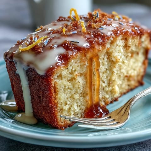 Golden Lemon Lavender Loaf Cake with a glossy honey glaze.