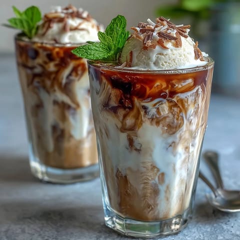 Creamy coconut cold brew float topped with vanilla bean ice cream and toasted coconut flakes in tall glasses.