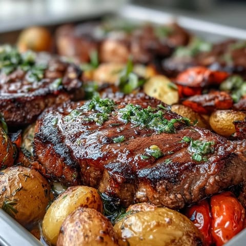 Delicious Father's Day Steak and Potato Sheet Pan Dinner with vibrant, roasted vegetables.