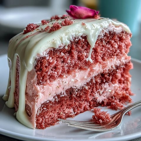Pink rosé velvet cake with creamy frosting and shimmering gold icing detail.